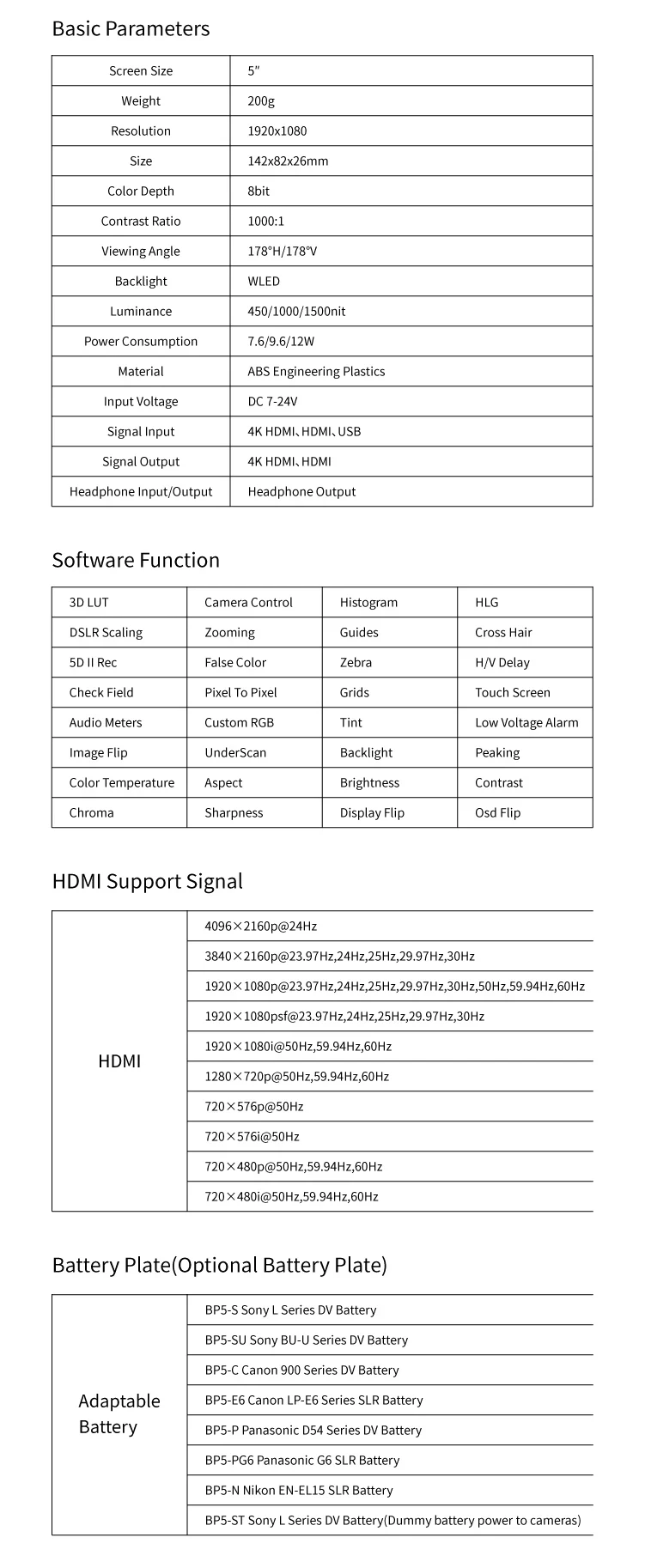 PortKeys LH5T " 4 K HDMI Поддержка сигнала сенсорный экран Управление камерой накамерный полевой монитор с 3D LUT, черный