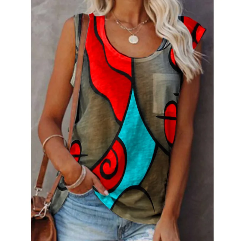 

2021 Summer Women's Tank Tops Fashion Sleeveless Color Matching Top Vintage O-neck T-shirts Hip-hop Casual Tank Tops Streetwear
