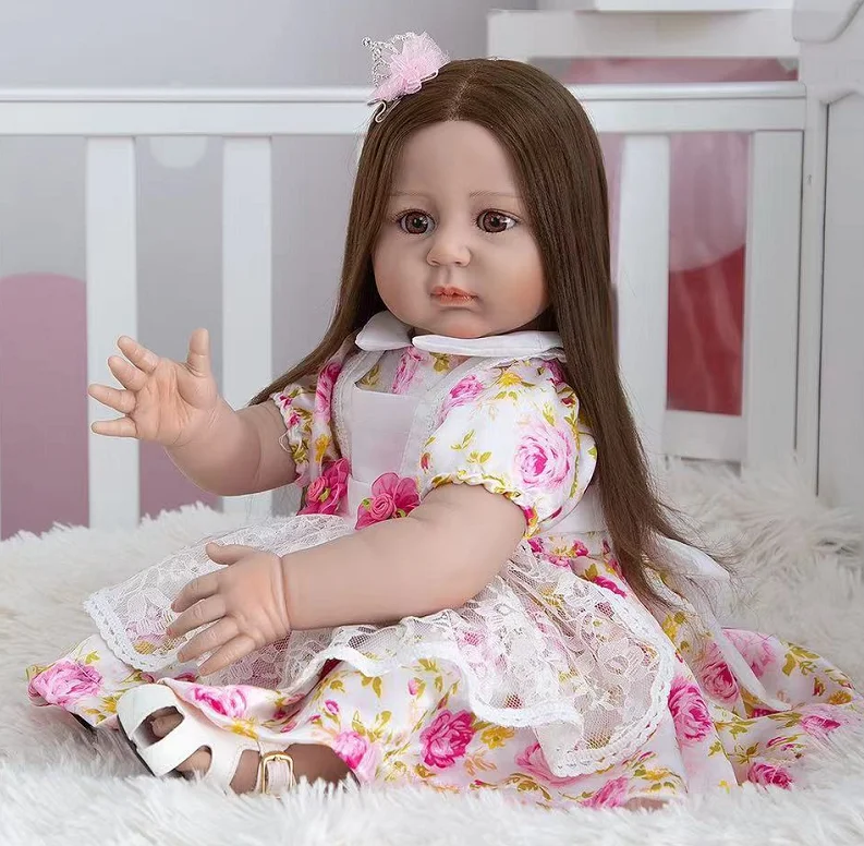 

22inch Bonecas Reborn Girl Straight Brown Hair Eyes Baby Doll Full Cloth Body Pink Lace Dress Collectibles Art Doll Gift Toy