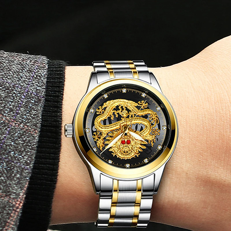 Fashion Dragon Stainless Steel Men Watches Golden Quartz Watch Casual Male Automatic Date Luminous Wristwatch Relogio Masculino | Наручные