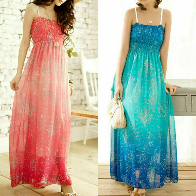 Summer Dress Woman Bohemia Long Sling Ladies Sleeveless Gradient Party Strap Beach Chiffon Maxi Spaghetti Dresses | Женская одежда