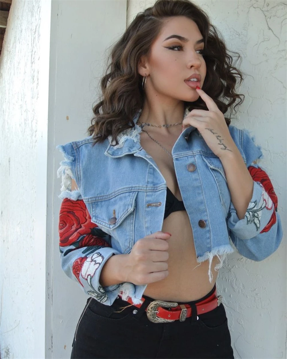 Tmustobe розовая джинсовая куртка с вышивкой женская открытой спиной для вечеринок