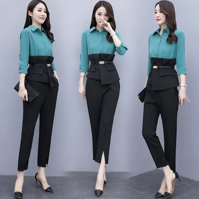 

Contrast 2 Piece Office Set Women Splicing Top&pants Set Matching Sets Clothes Two Piece Set Top And Pants Woman Suit