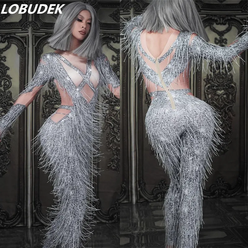 Female Sexy Elastic Silver Rhinestones Tassels Jumpsuit Women Crystals Leotard Nightclub Bar DJ Singer Stage Wear Dance Costume