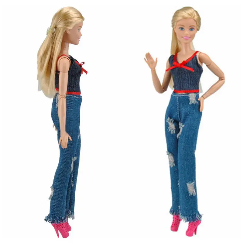 

Fashion Jeans 11.5" Doll Clothes For Barbie Clothes Dark Blue Shirt Top Ripped Denim Pants Trousers 1/6 BJD Accessories Clothing