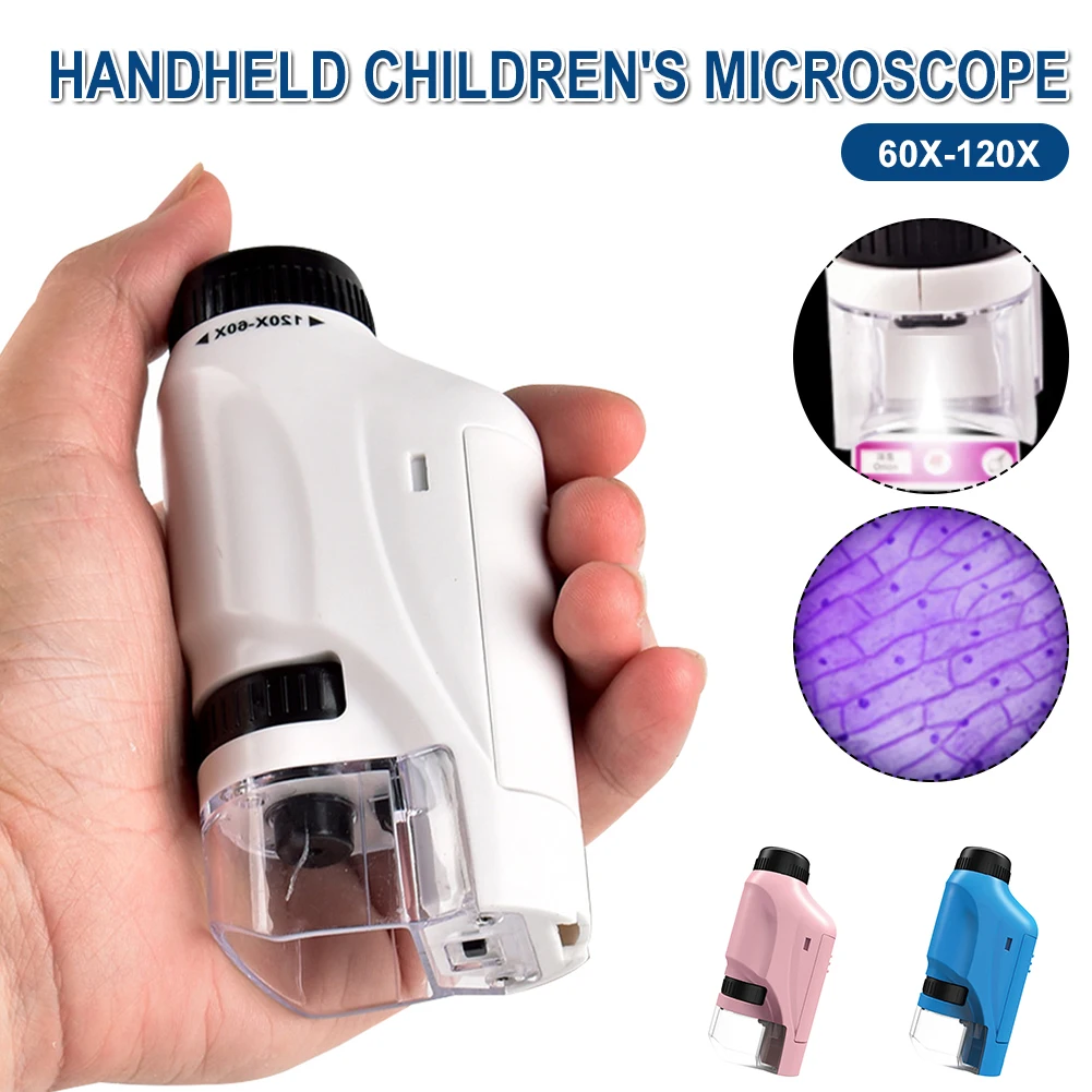 

60X-120X ручной детский микроскоп на батарейках, детская игрушка со светодиодсветильник кой, адаптер для телефона, мини-микроскоп, игрушка, под...