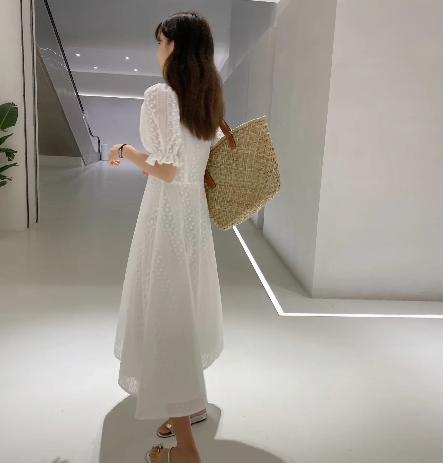 

2020 French V-neck Jacquard White Casual Dress Pearl Buckle Hollow-out Skirt Fairy Skirt Women's Summer Ladies Dresses