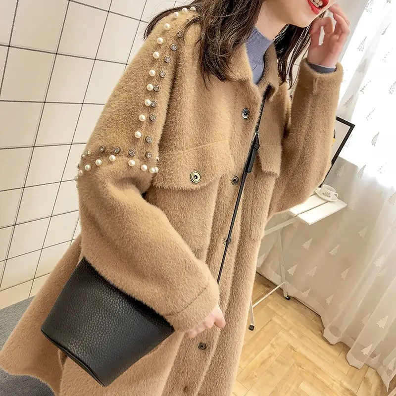 Women 2020 Spring Autumn Loose Casual Knitted Cardigan Sweater Coat Female Pearl Beaded Imitation Mink Velvet Casaco Mujer G37