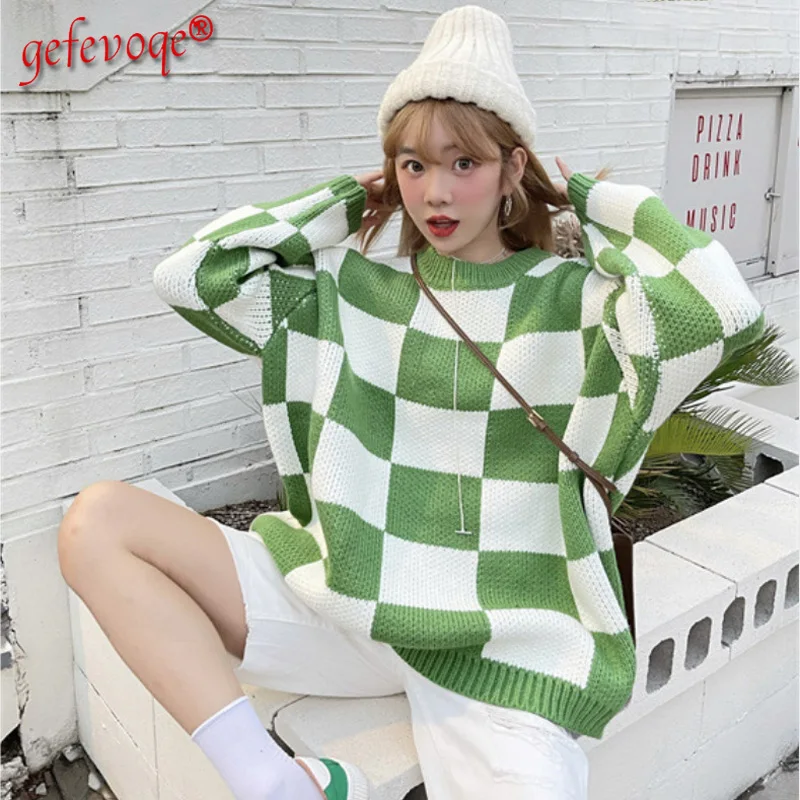 

Осень-зима 2021, винтажная клетчатая одежда, Женская Повседневная модная уличная одежда в Корейском стиле оверсайз, Женский вязаный свитер, п...