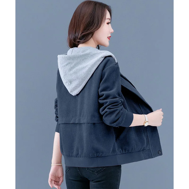 

Women's Jackets Spring Autumn New Corduroy Jacket Female Coat Plus Size Outerwaer Woman Middle-aged Mother Hooded Overcoat R907