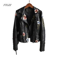 ftlzz women floral print embroidery faux soft leather jacket coat turn down collar casual pu motorcycle black punk outerwear