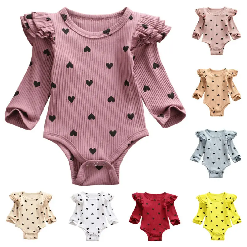 2020 Baby Spring Autumn Clothing Infant Newborn Bay Girls Fly Long Sleeve Hearts Print Bodysuits Ribbed jumpsuits Casual Costume |
