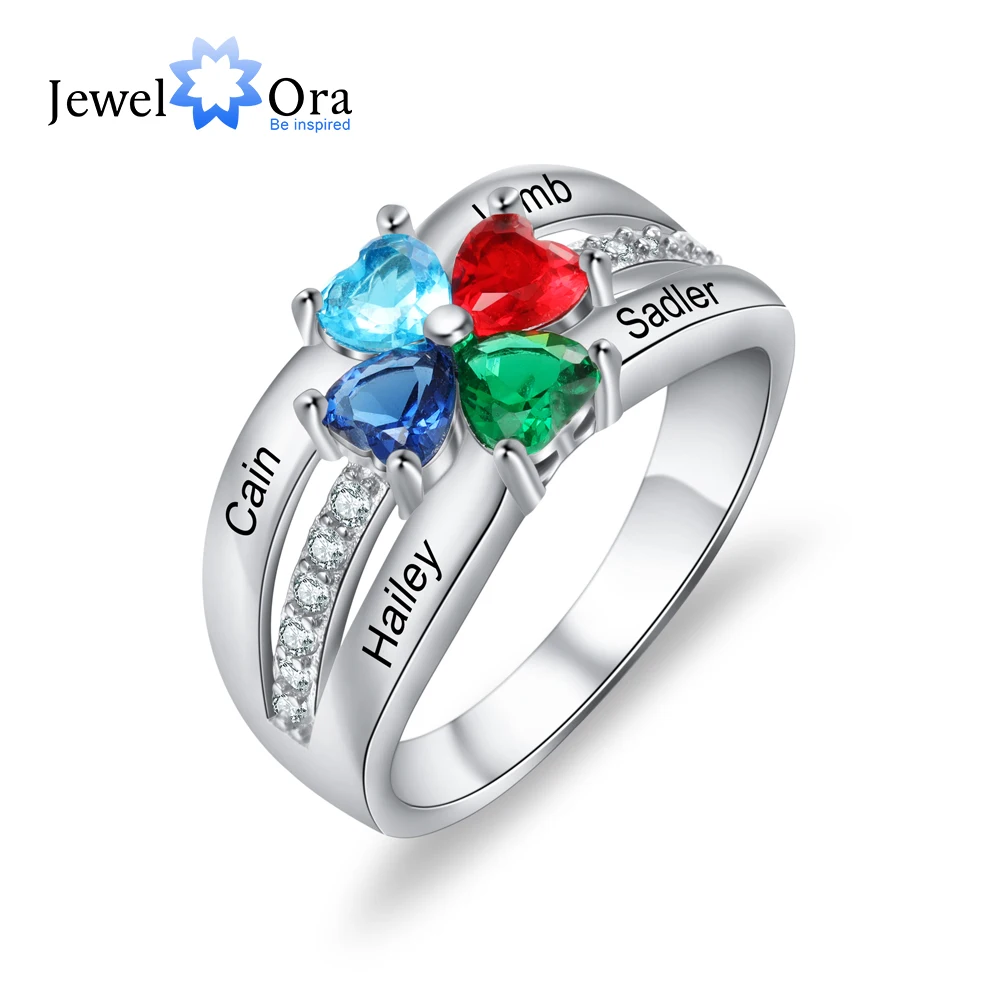 

JewelOra Personalized 925 Sterling Silver Mothers Ring with 4 Heart Birthstones Custom Family Name Engraved Ring Gifts for Mom