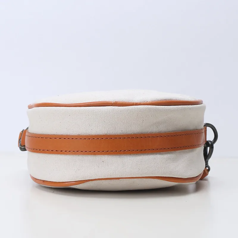 Original Cotton Canvas Circular Crossbody Bag Women's Bags Vintage Casual Cowhide Shoulder Small Round Bag Fashion Travel Purses