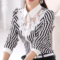 new women lace spliced embroidery ol blouses tops feminine slim shirt korean fashion stripe tops plus size 4xl