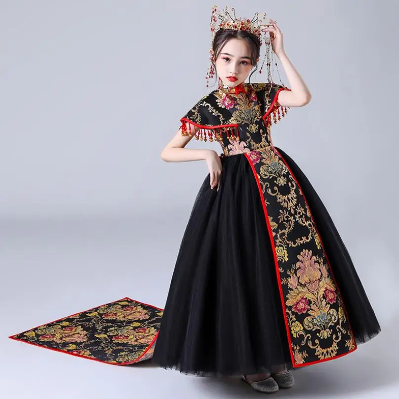 

Роскошные платья с цветочной вышивкой для девочек и подростков на свадьбу, день рождения, детское нарядное платье для девочек, Свадебный Чонсам L518