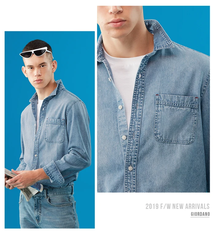 Giordano приталенная Мужская рубашка из джинсовой ткани с длинными рукавами Camisa Masculina, на пуговицах спереди, с отложным воротником, Chemise Homme 01049890