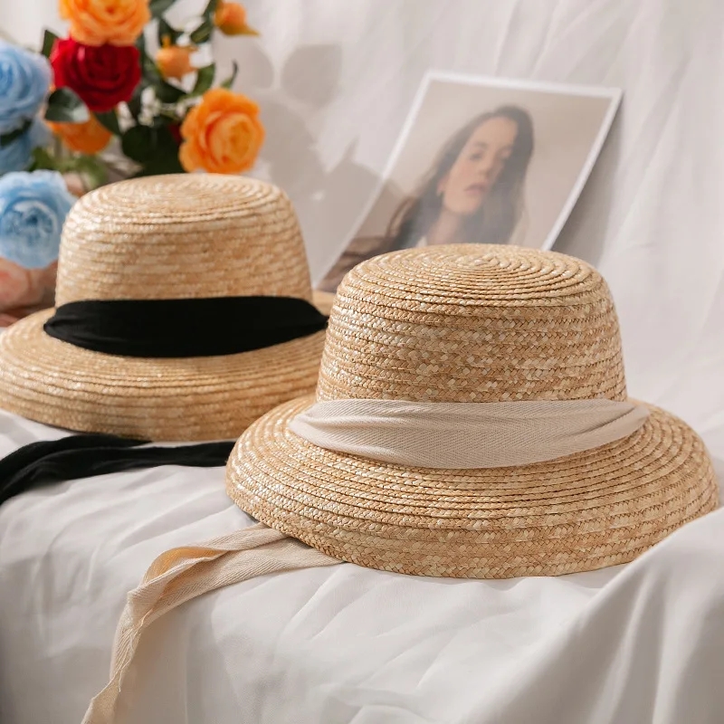 

2021 new straw hat with ins wind sunshade female streamer summer seaside beach elegant bandage Hepburn hat Free shipping