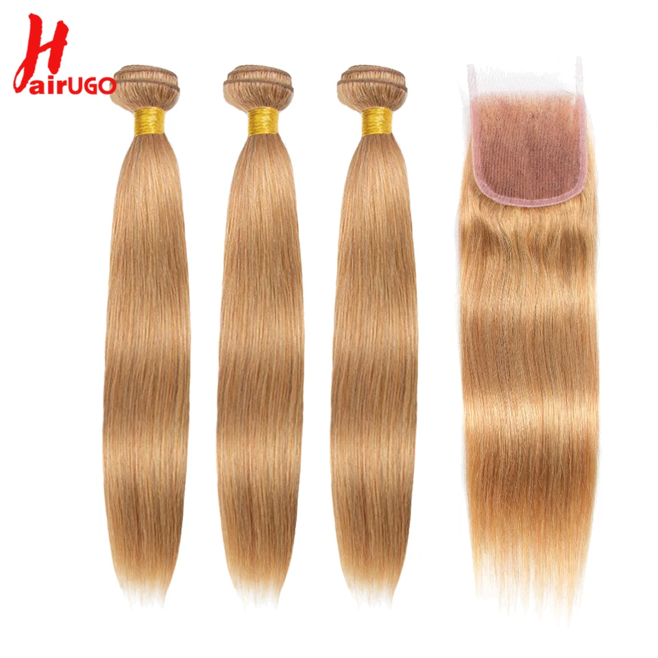 HairUGo волосы медовый блонд пряди с закрытием 27# бразильские волосы 3 пряди с закрытием прямые Remy натуральные кудрявые пучки волос