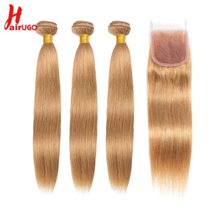 Волосы HairUGo медовый блонд, пучки с закрыванием, 27 #, бразильские волосы, 3 пучка с закрыванием, прямые Remy, натуральные кудрявые пучки волос