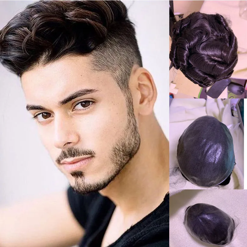 BYMC Men's Wig Full PU Men Toupee Men's StraighHair Pieces Unit Hair Replacement System Natural Black Color 8x10inch Wig for Men