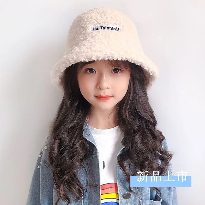 

Children's fisherman hat autumn and winter models lamb hair embroidery Japanese wild boys and girls basin hats to keep warm