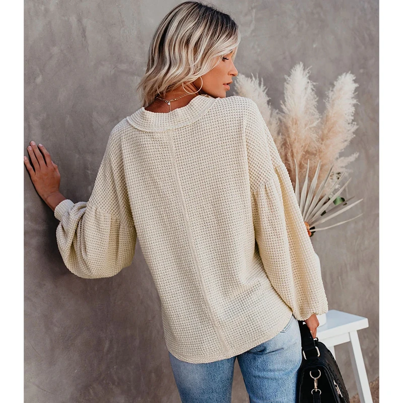 

New Arrival Fashion Women Loose Sweater V Neck Lantern Long Sleeve Solid Color Pullover Knitwear Tops