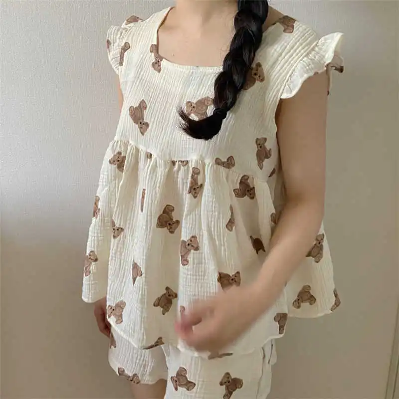 

Summer without sleeves bear homewear crepe cotton breathable gauze women's pajamas set sweet girls service