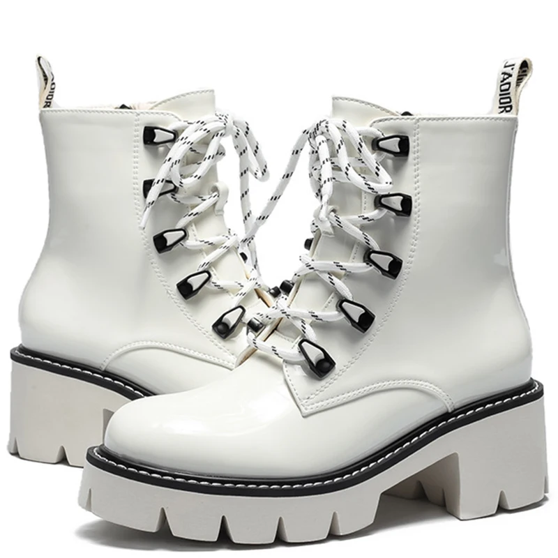 

Женские осенние короткие ботинки на платформе на толстом каблуке, ботильоны на шнуровке, женские белые, черные универсальные повседневные ...