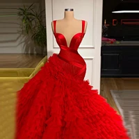 red luxury puffy red mermaid evening dresses with straps ruffles pleated flouncing ball gown trumpet women prom pageant dress