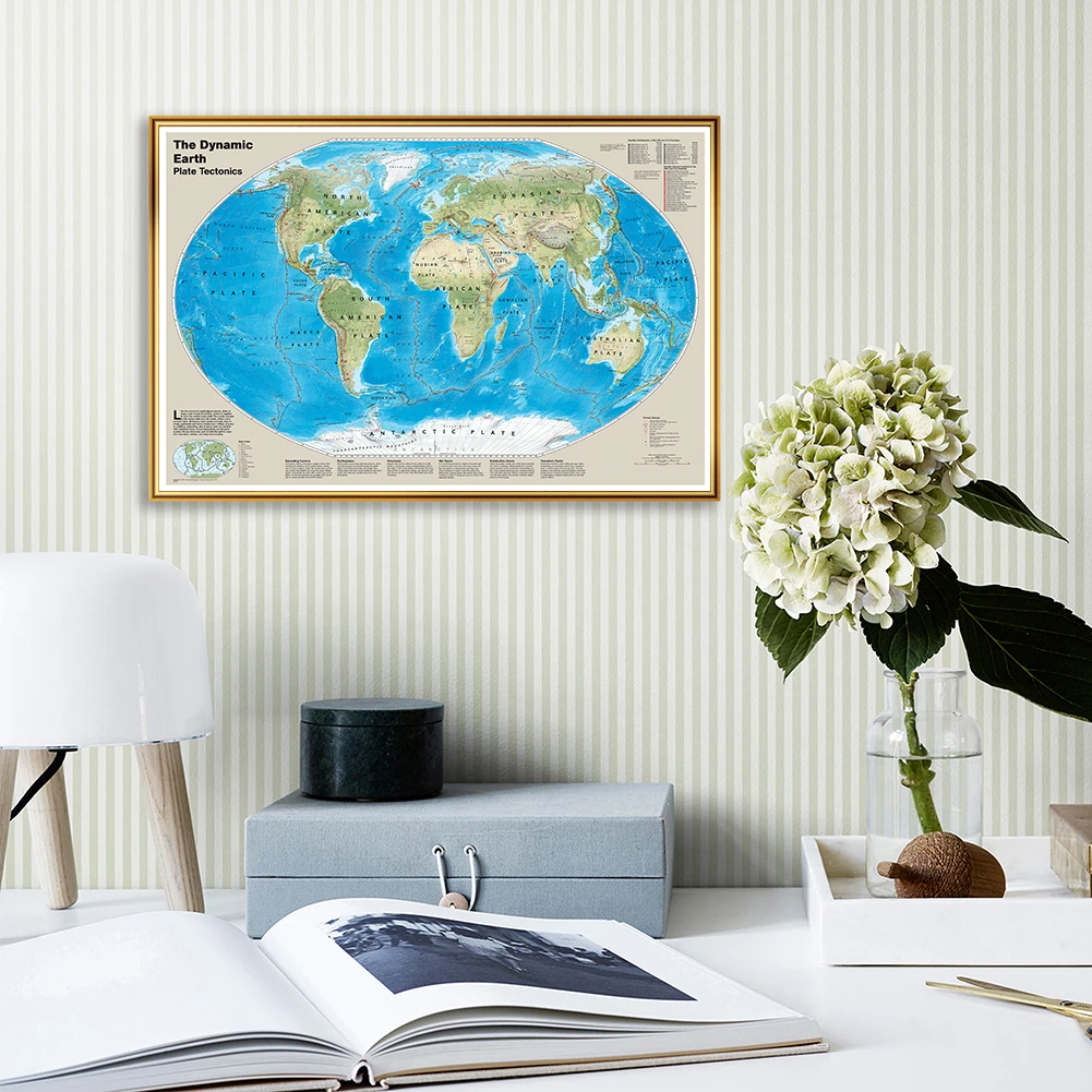 

90*60cm The World Map Dynamic Earth Plate Tectonics With Tectonic Wall Art Poster Living Room Home Decoration School Supplies