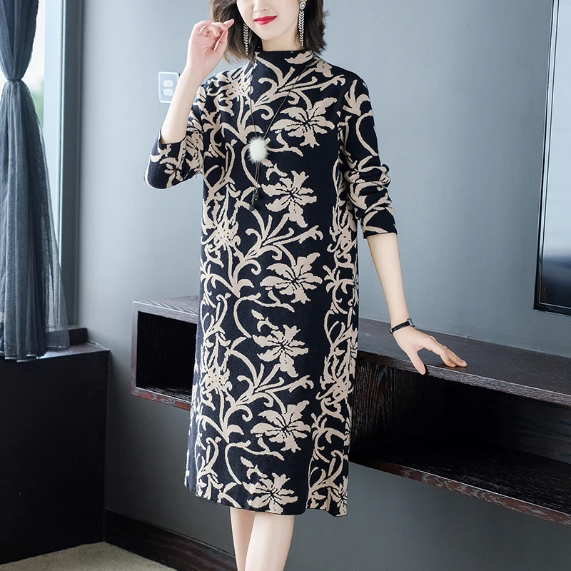 Женское осеннее 2019 Новое кашемировое вязаное платье с длинным рукавом свободные