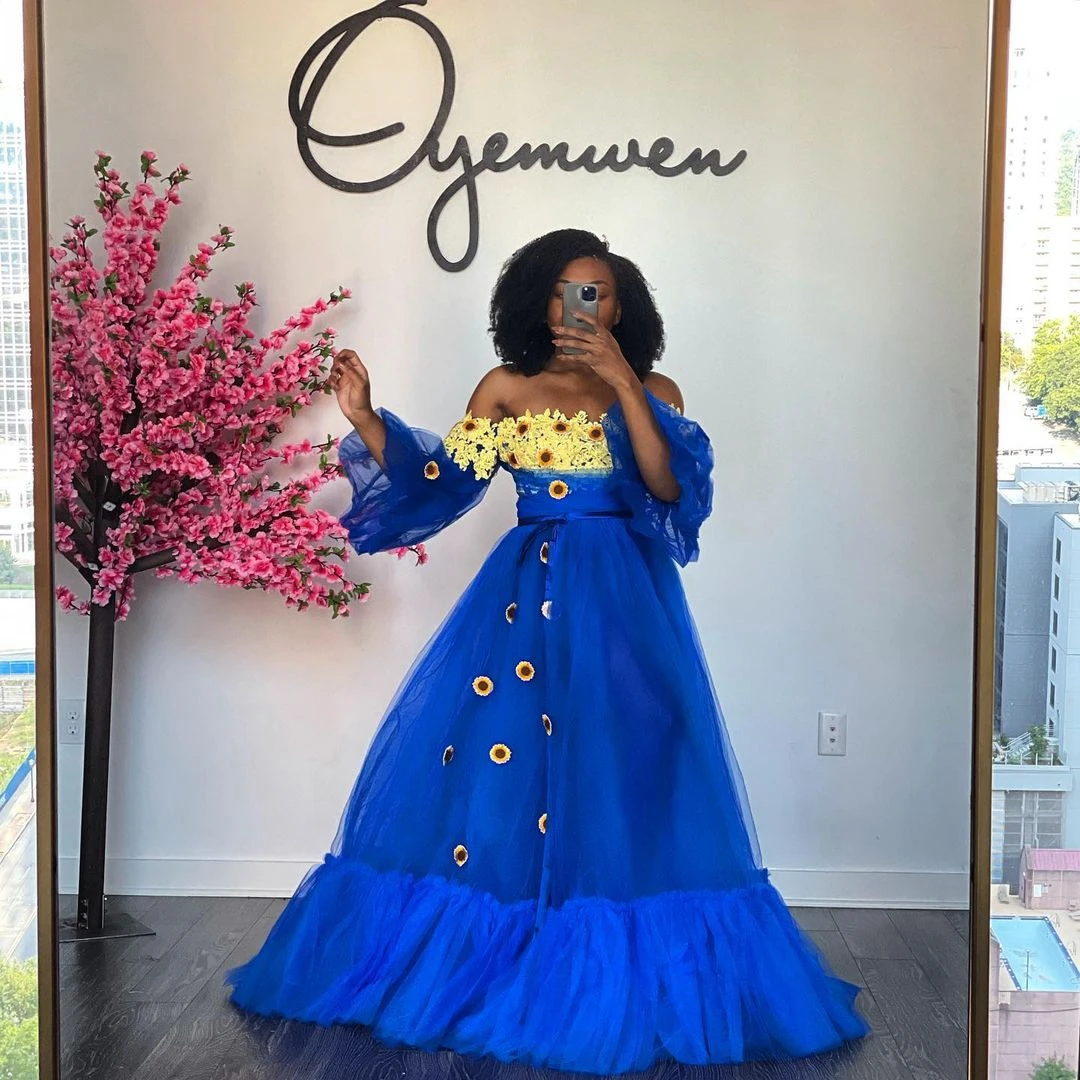 

Elegant Exquisite Blue Women Dress Flowers A-Line Ruffle Tulle Layered Off-The-Shoulder Evening Dress Photo Shoot Custom Made