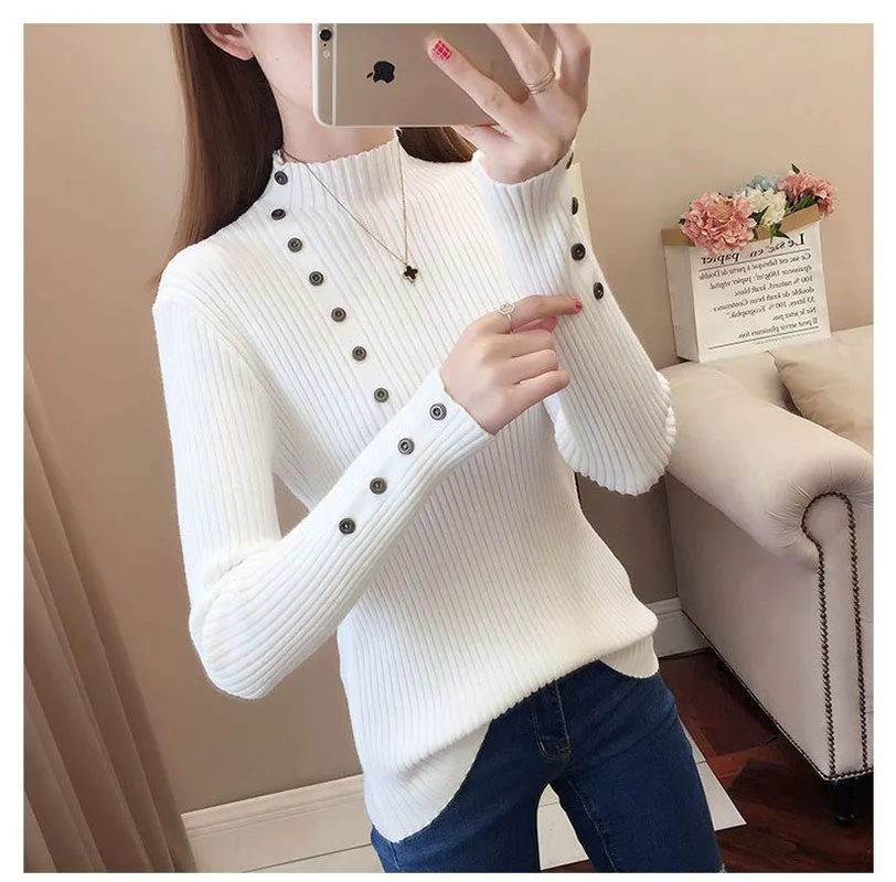 

Spring Autumn Turtleneck Sweater Warm Slim Elastic Knitted Sweater Jumpers Women Solid Color Fashion Female Pullover Pull Femme