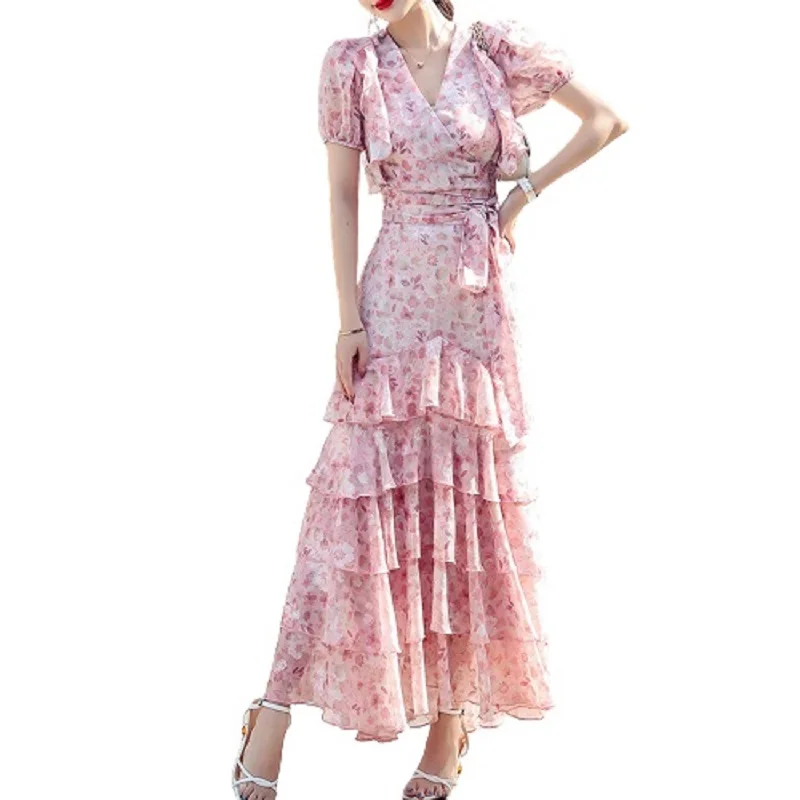 

PERHAPS U Women Elegant Two Piece Set Flower Print V-Neck Belt Shirt Tops Cascading Ruffles Sheath Floor Length Skirt Set T3065