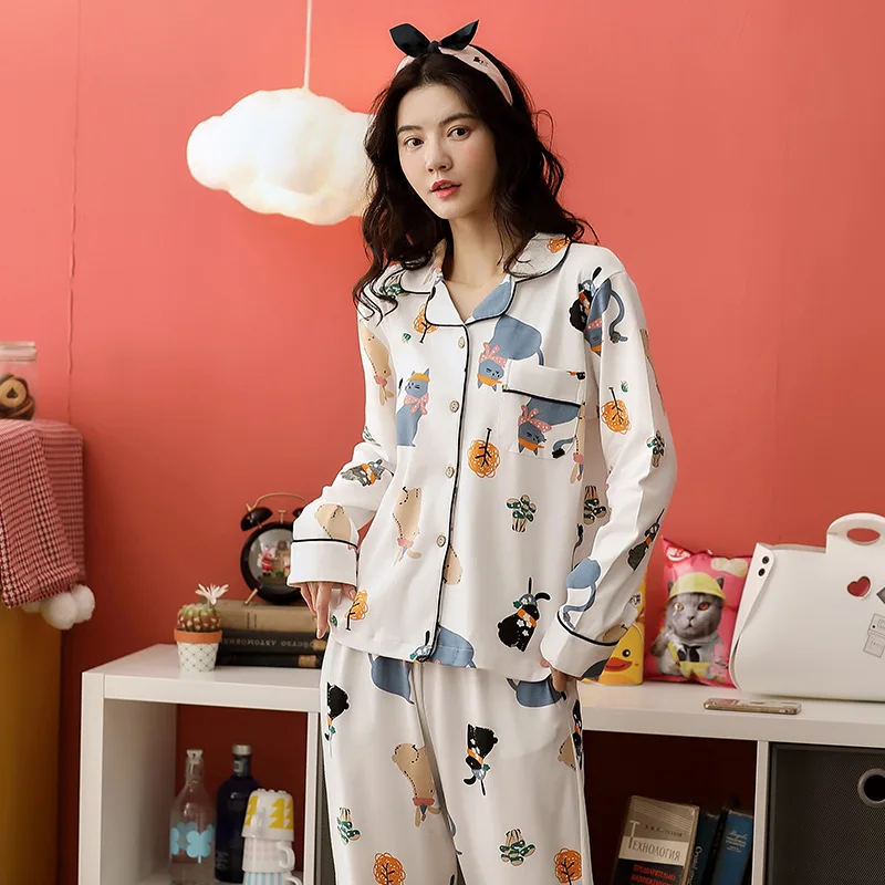 Женская пижама из чистого хлопка с длинным рукавом в Корейском стиле|Комплекты