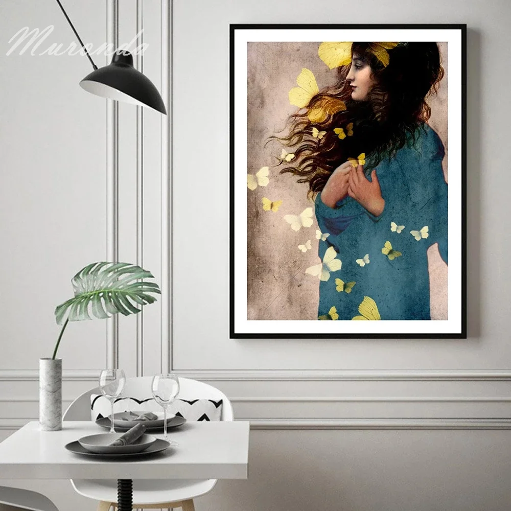 

Nordic Canvas Painting Long-haired Girl Abstract Realistic Style Butterfly Art Print Poster Picture Wall Living Room Home Decor