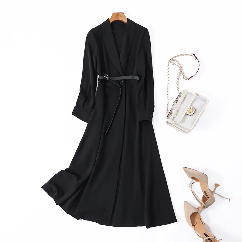 Длинный блейзер платье зима черный отложной воротник двубортный длинный рукав