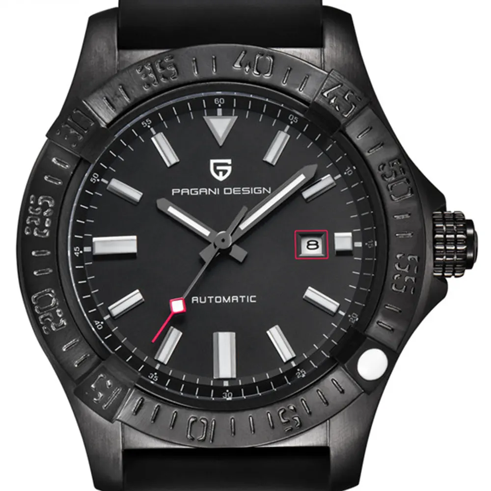 Pagani Дизайн черный циферблат Дата резиновый ремешок PVD Черный корпус из