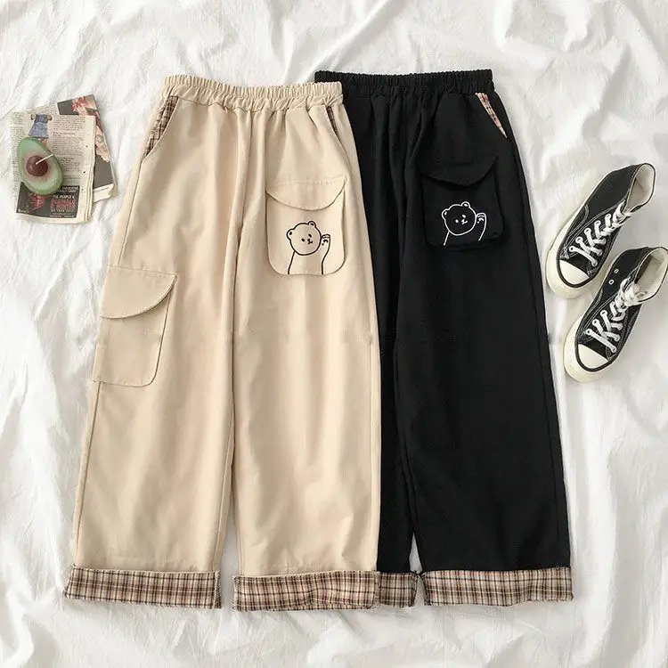 

QWEEK Kawaii Khaki Plaid Pants Women Soft Girl Cartoon Print Black Wide Leg Trousers For Female Oversize Loose Cargo Pants