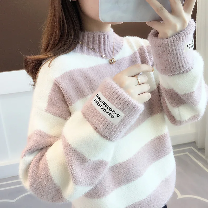 

Sweater Women Turtleneck Pullover Jumper Stripe Thick Sweater Imitated Mink Wool Sweater Sweter Women Clothes Vestidos LXJ9005