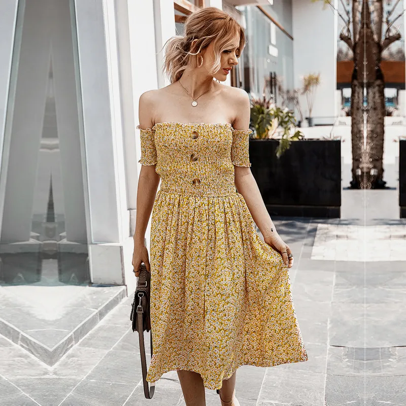 

Elegant Women's Summer The Shoulder Dress 2021 New Slash Neck Ladies Casual High Waist Floral Print Mid-calf Dress