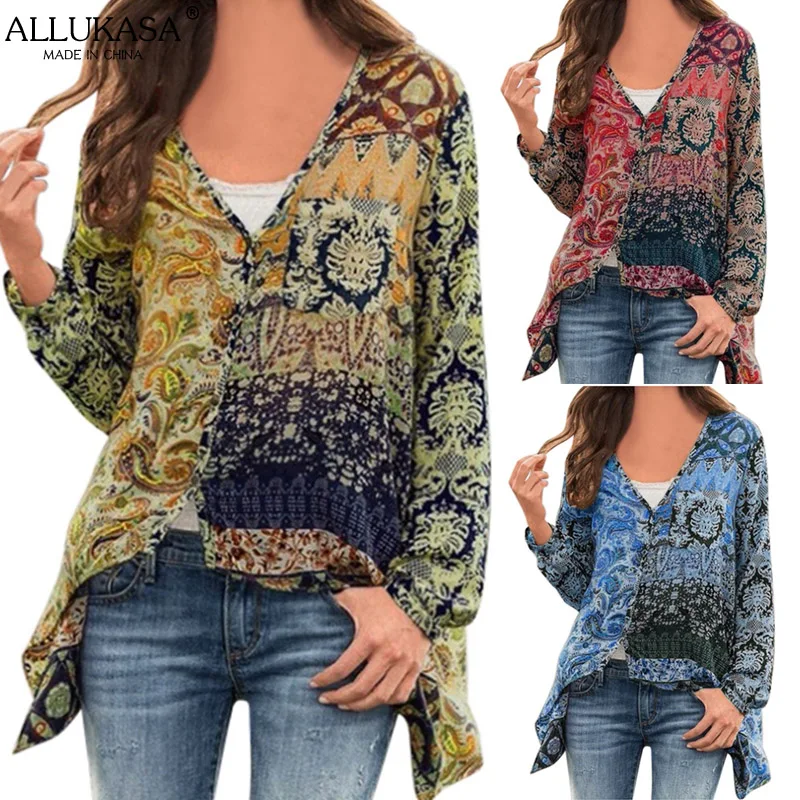 Women Casual Blouses Plus Size Tops Long Sleeve Fashion Boho Print Shirts Female V Neck Loose Beach Unregular Button La Chemise