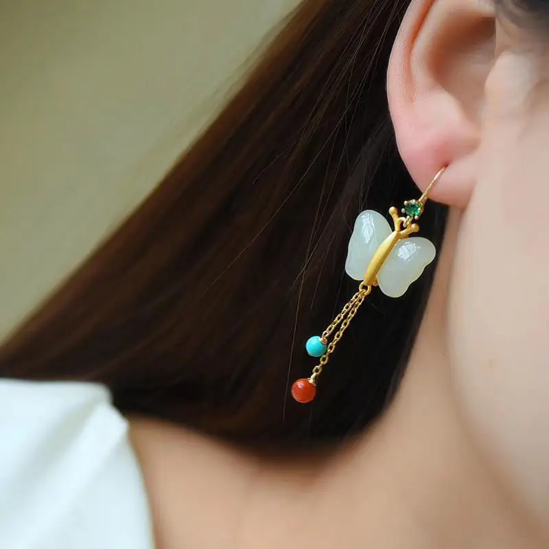 

Butterfly Dance Natural Hetian Jade Butterfly Earrings Ancient Sterling Silver Gold Plated Fimbrilla Earrings Super Fairy Retro