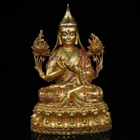 9 tibet buddhism old bronze gilt mosaic green red gem tsongkhapa rosanzaba wearing a gem robe buddha statue