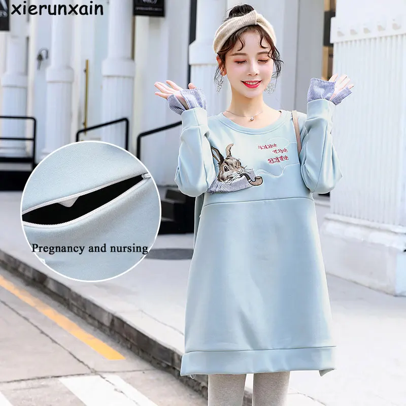 Свитер средней длины для беременных топы с рисунком кролика зимняя одежда