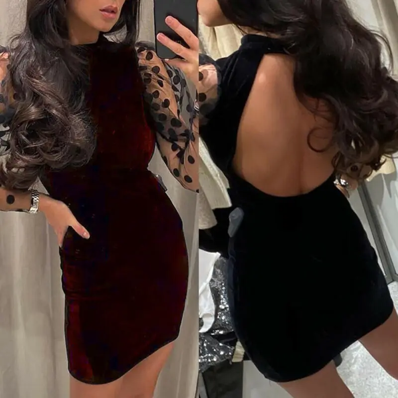 Женское модное прозрачное Сетчатое платье в горошек с длинным рукавом женское