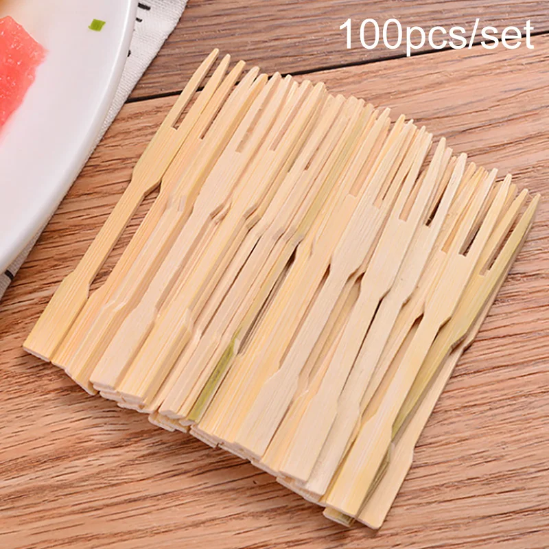 100 шт чистое бамбуковое одноразовые деревянные фруктовые вилки десерт коктейль