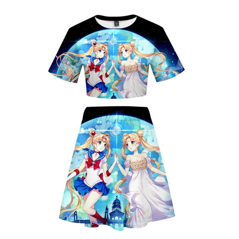 

Sailor Moon Cosplay Short Sleeve Skirt Set COS Apparel 3D Printing Exposed Navel Short Sleeve Short Skirt Set Anime Adult