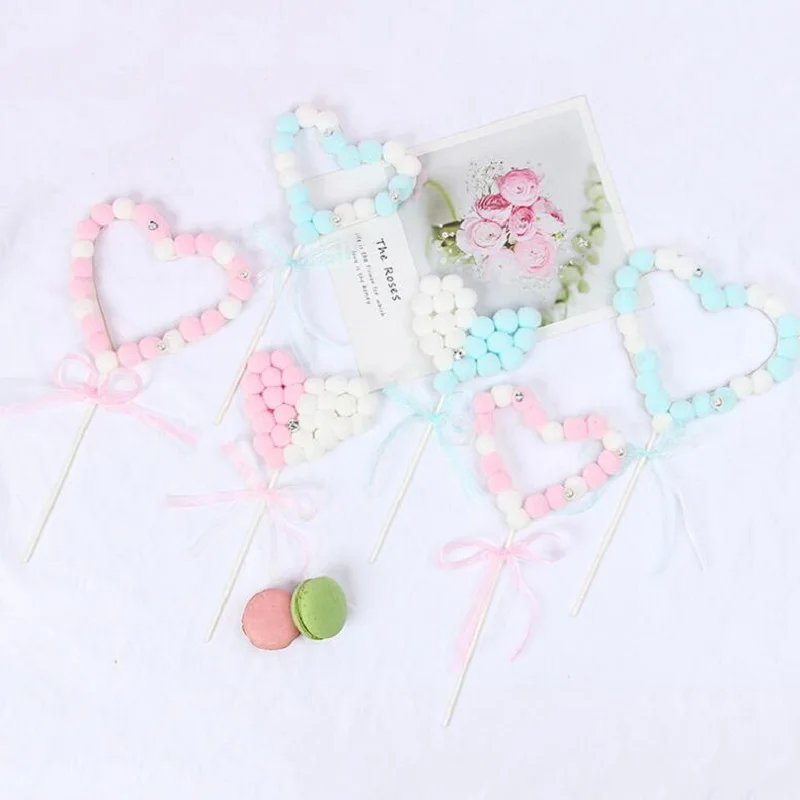 Дизайн сердца Мех Шар Торт Топперы баннер Красочные для фруктов обертка кексов